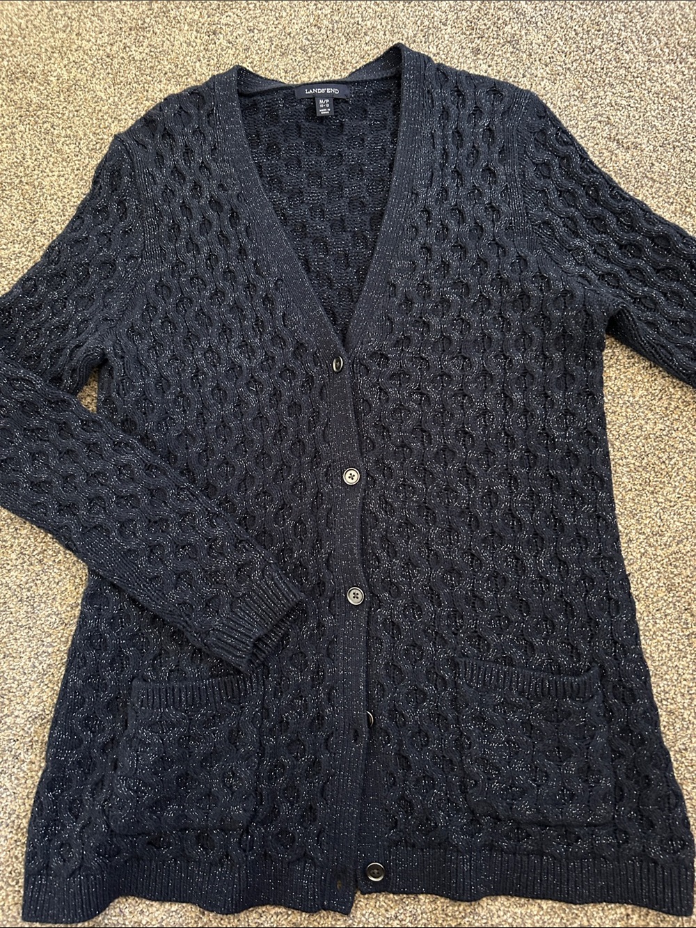LANDS’ END Button-Up Cable Knit Cardigan in Navy Blue w/ Silver Specks Size MP.